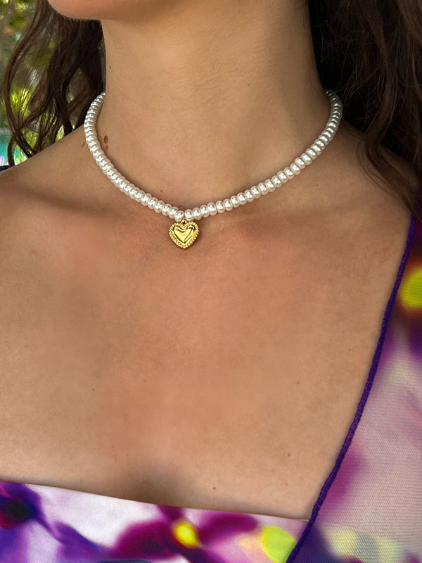 Pearl and Love Heart Choker Necklace